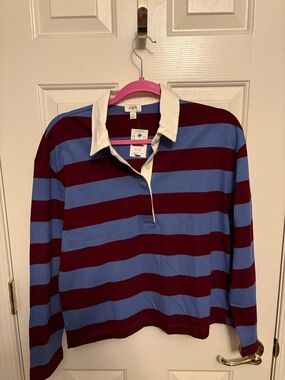 J. Crew Rugby Shirt in Light Blue, Burgundy & White Collar